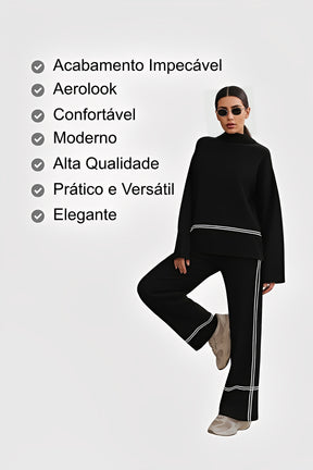 Conjunto Feminino Tricô Kim – Suéter Mullet Gola Alta + Calça Conforto Premium