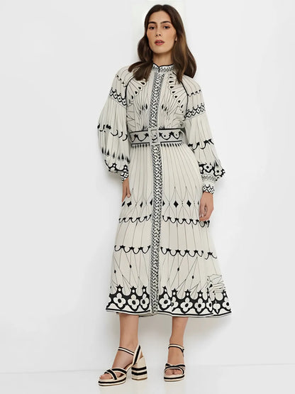 Vestido Feminino Midi Estampado Elegante com Gola Padre Cinto e Mangas Longas - Mia