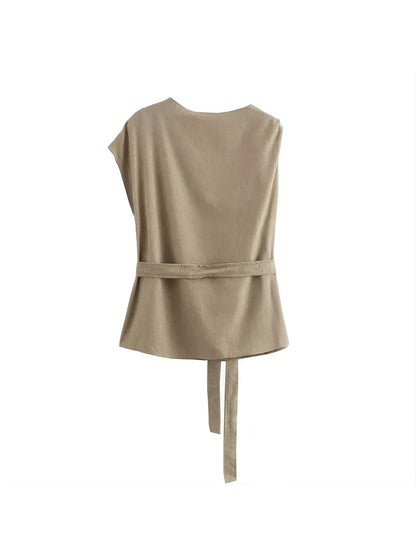 Conjunto Feminino com Blusa de Ombro Único com Amarração na Cintura e Calça Reta - Lucie