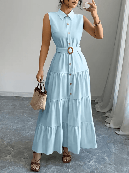 Vestido Feminino Longo em Camadas Franzidas com Gola Polo Cintura com Elástico nas Costas e Cinto Ajustável – Suzy