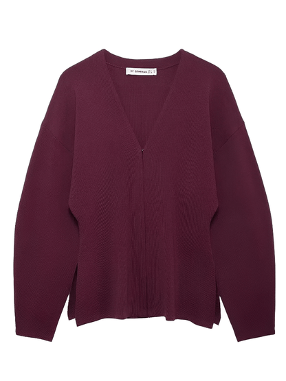 Conjunto Feminino de Tricô com Suéter Gola V e Saia Reta com Cintura Elástica - Viviene