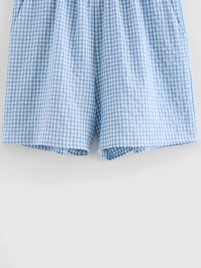 Conjunto Xadrez de Blusa Manga Bufante Laços e Short Cós Elástico - Cassie