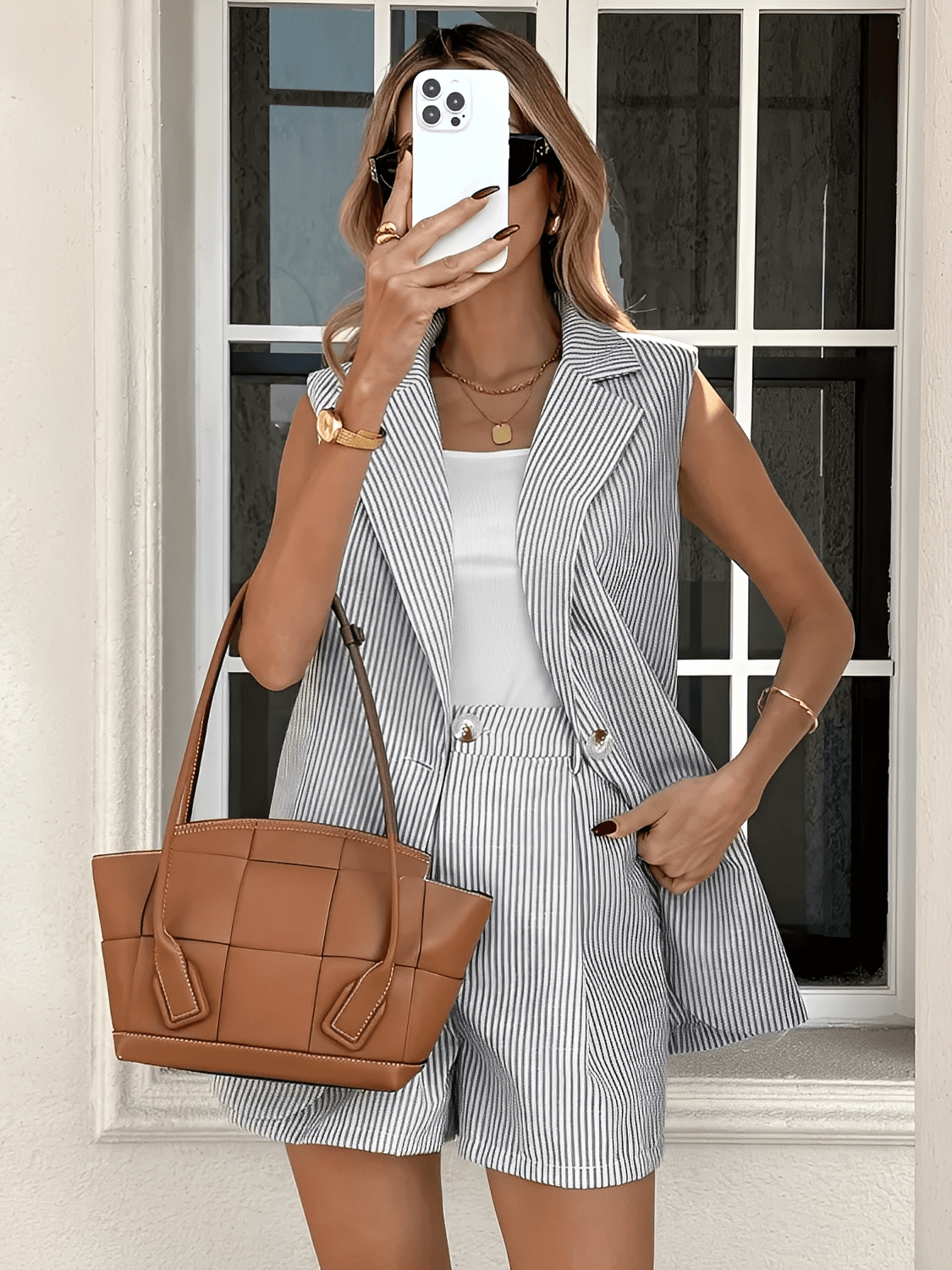 Conjunto Feminino Listrado com Colete Longo Sem Mangas e Short com Bolsos – Paula