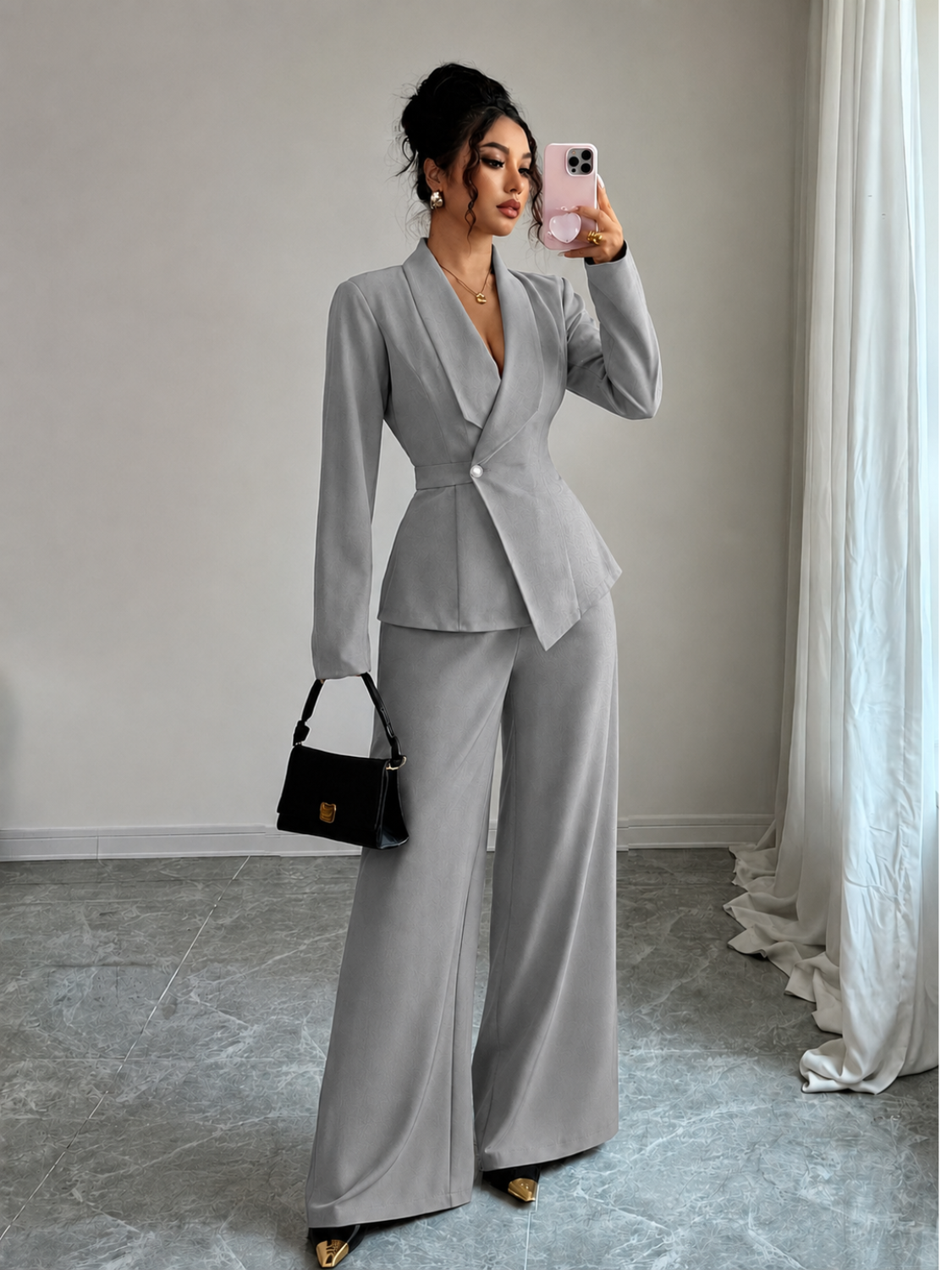 Conjunto Alfaiataria com Blazer Peplum Acinturado e Calça Pantalona- Loreta
