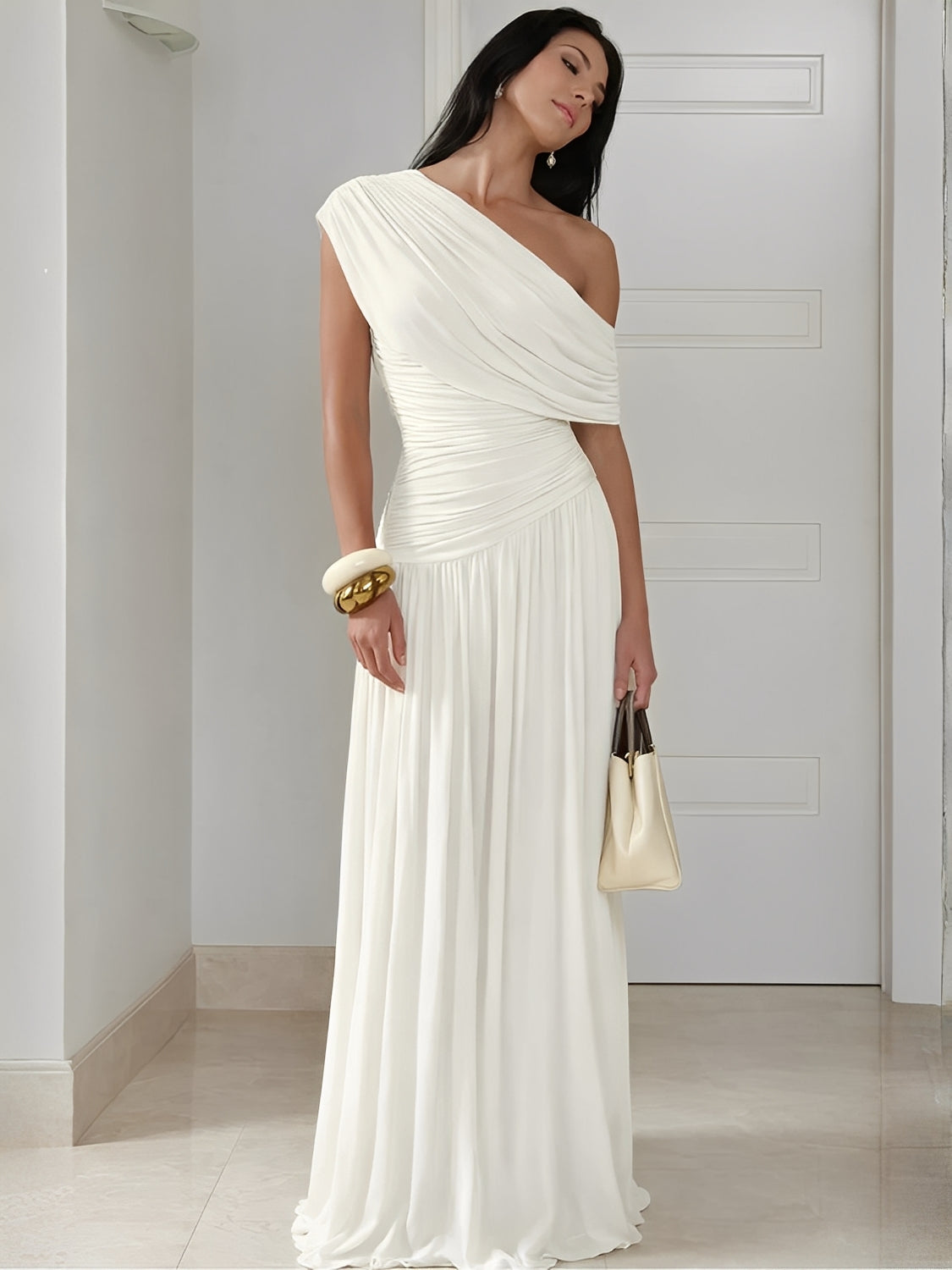 Vestido Longo Plissado Ombro Único Acinturado com Franzidos  – Lunara