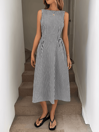 Vestido Feminino Midi Modelagem Evasê com Corset Estruturado com Listras Verticais Elegantes - Elizabeth