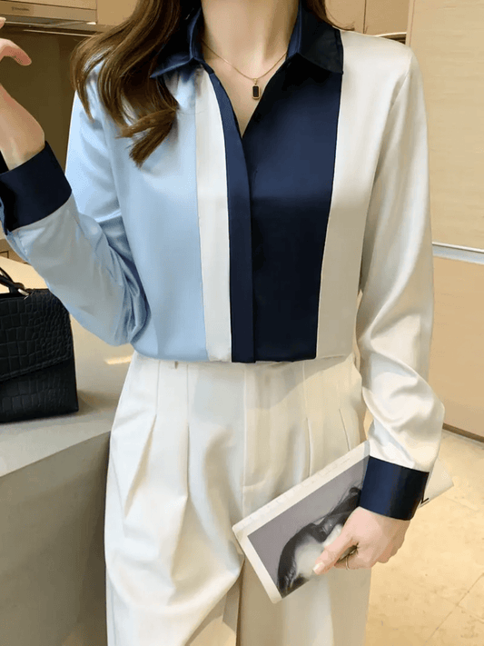 Camisa Feminina Acetinada Clássica com Gola Lapela e Punhos Contrastantes - Thaise