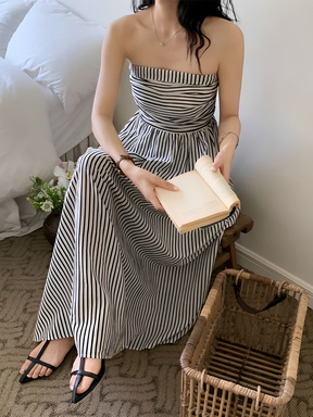 Vestido Maxi Listrado Tomara que Caia Cintura Franzida e Elástico  – Molie