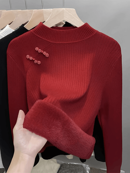 Suéter Feminino Térmico em Lã Peluciado com Gola Alta e Detalhe em Pérolas – Valerie