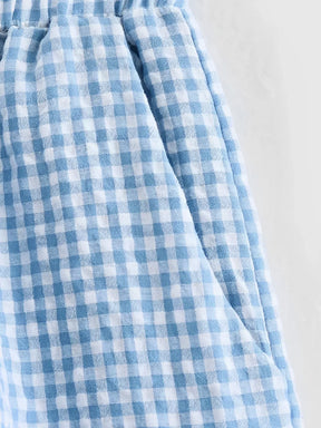 Conjunto Xadrez de Blusa Manga Bufante Laços e Short Cós Elástico - Cassie