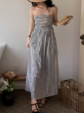Vestido Maxi Listrado Tomara que Caia Cintura Franzida e Elástico  – Molie