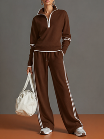 Conjunto com Suéter Meio Ziper Calça Wide Leg e Listras Elegantes- Jana