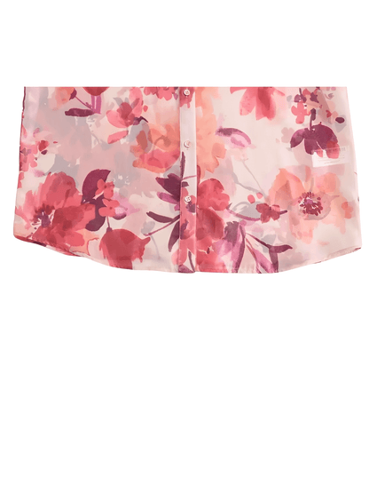 Conjunto Feminino Floral em Chiffon com Camisa Manga Longa e Saia Midi Plissada Cintura Alta  – Audrey
