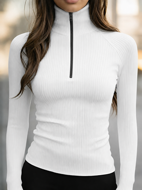 Blusa Canelada de Manga Longa com Gola Alta e Zíper Frontal -  Pétala