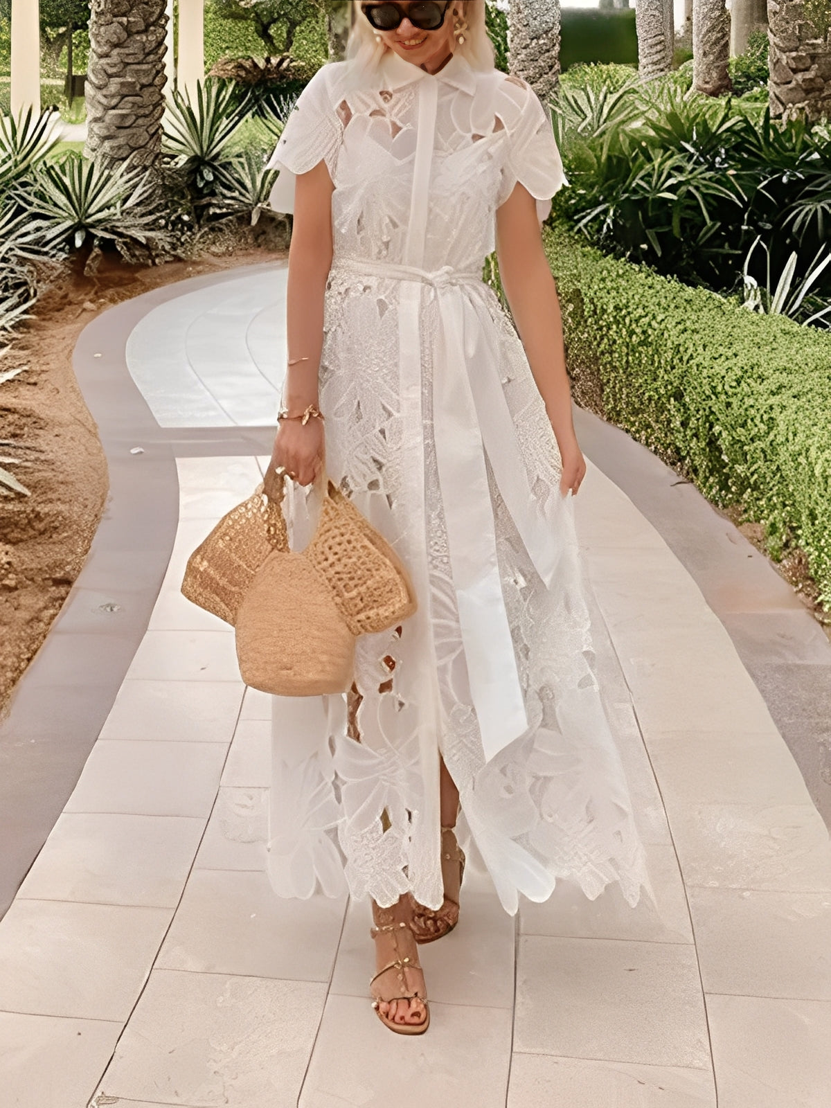 Vestido Feminino Longo com Mangas Curtas de Renda com Patchwork Floral Vazado e Faixa-Cinto – Edith