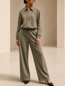Conjunto em Sarja com Jaqueta Cropped Franzida e Calça Wide Leg - Yoná