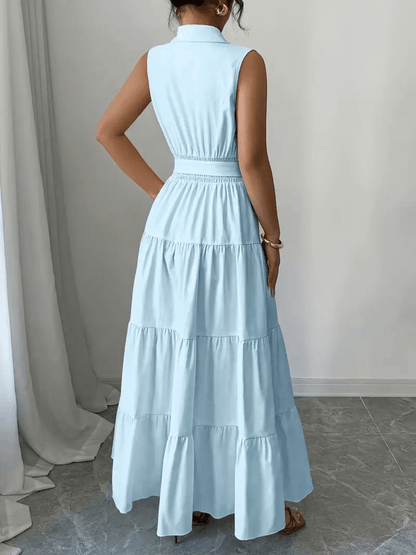 Vestido Feminino Longo em Camadas Franzidas com Gola Polo Cintura com Elástico nas Costas e Cinto Ajustável – Suzy