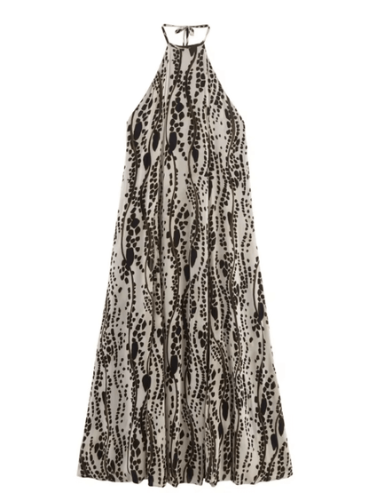 Vestido Feminino Midi em Chiffon com Estampa Animal Print Amarração no Pescoço e Costas Vazadas – Lana