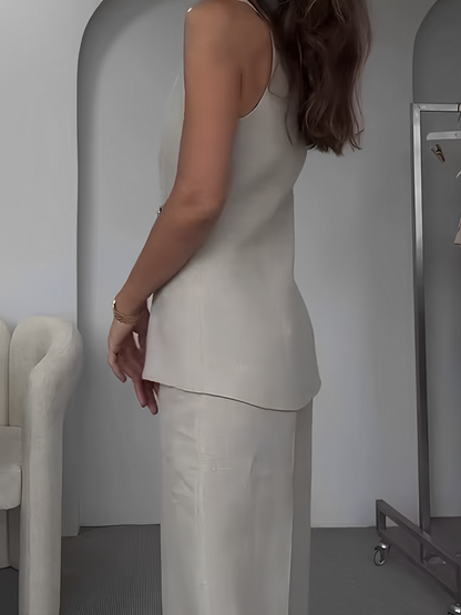Conjunto Feminino de Alfaiataria com Colete Acinturado de Botões Maxi e Calça Reta com Fenda - Brenda [FRETE FULL]