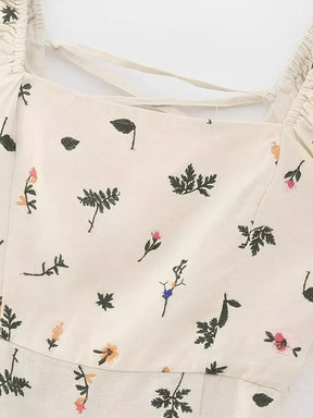Vestido Midi de Linho com Estampa Floral e Amarração nas Costas - Malu
