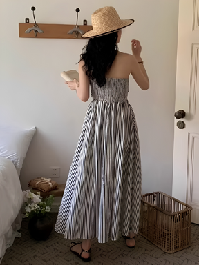 Vestido Maxi Listrado Tomara que Caia Cintura Franzida e Elástico  – Molie