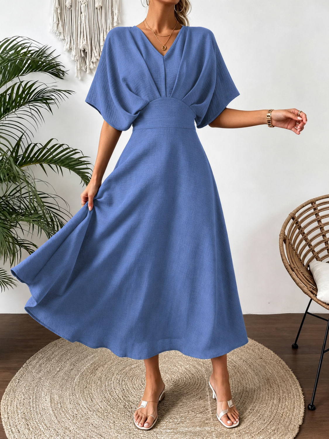 Vestido Midi Evasê Acinturado com Manga Morcego Decote V-  Mayla