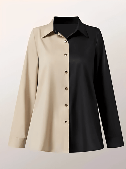 Camisa Feminina Acetinada Bicolor com Botões Dourados e Punhos com Fechamento em Botão - Joyce