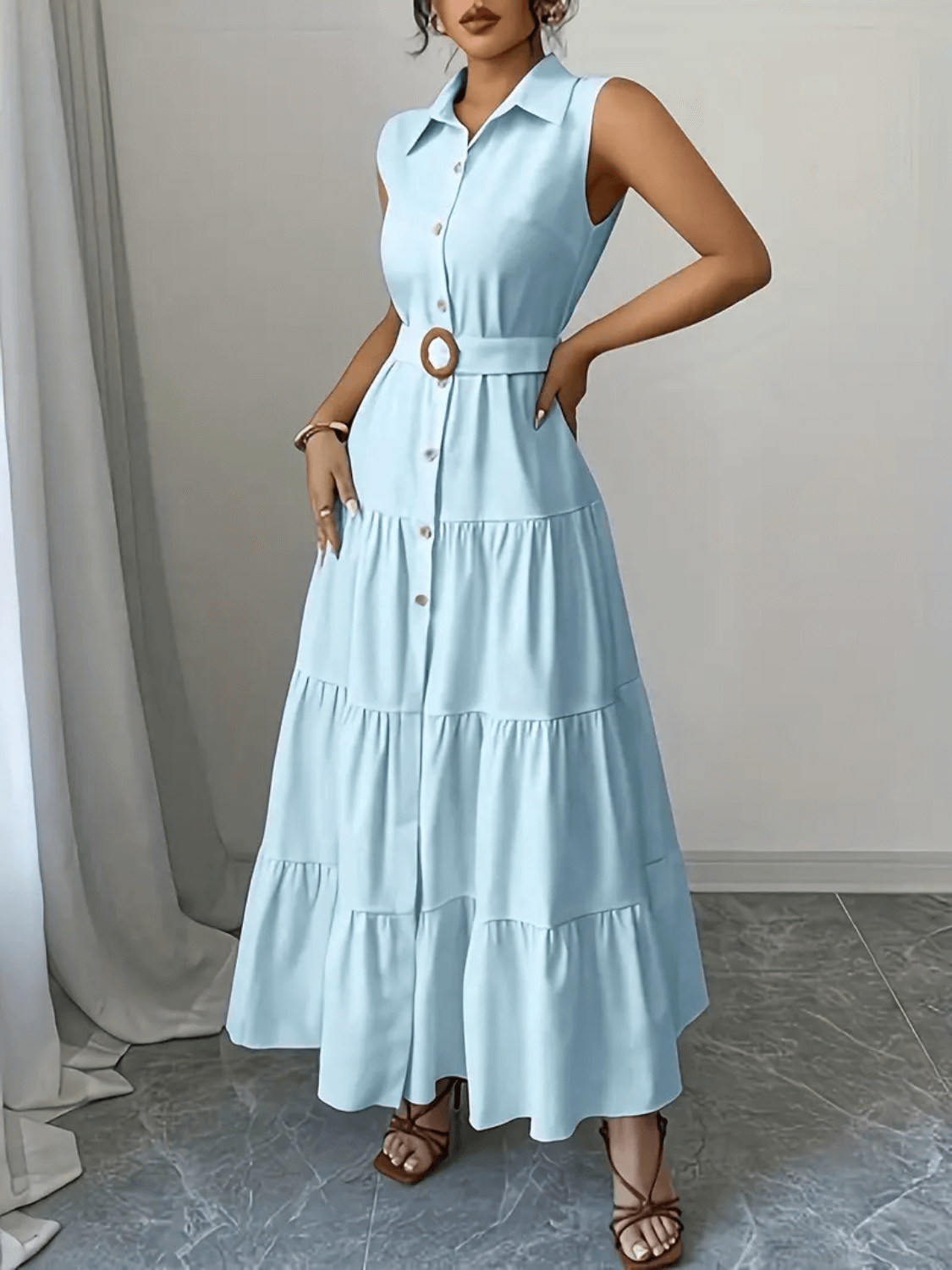 Vestido Feminino Longo em Camadas Franzidas com Gola Polo Cintura com Elástico nas Costas e Cinto Ajustável – Suzy
