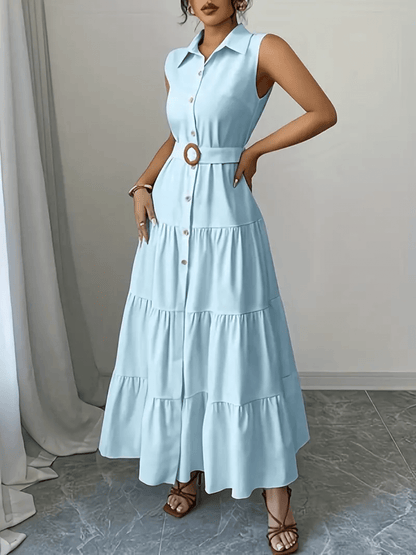 Vestido Feminino Longo em Camadas Franzidas com Gola Polo Cintura com Elástico nas Costas e Cinto Ajustável – Suzy
