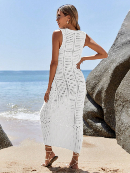 Vestido Feminino Midi em Crochê Vazado Com Decote V e Alças Largas – Samantha