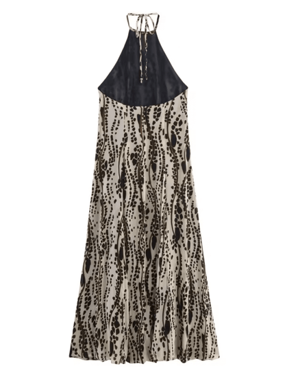 Vestido Feminino Midi em Chiffon com Estampa Animal Print Amarração no Pescoço e Costas Vazadas – Lana