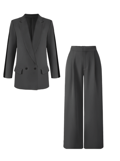 Conjunto Feminino em Alfaiataria com Blazer Oversized Trespassado Calça Pantalona  Cintura Elástica e Listra Lateral– Damares