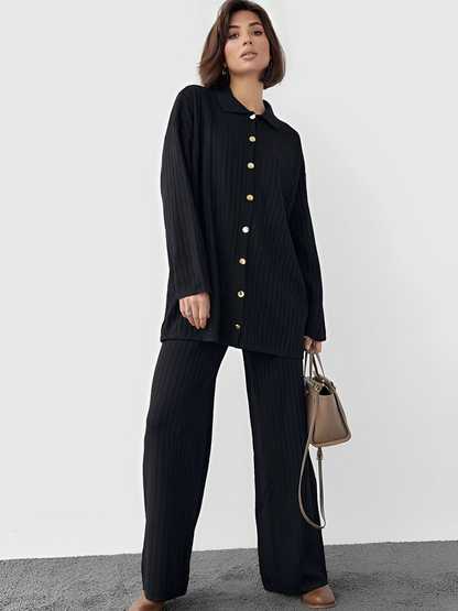 Conjunto Feminino Canelado com Camisa Alongada de Botões e Calça Reta com Elástico - Camila  [FRETE FULL]