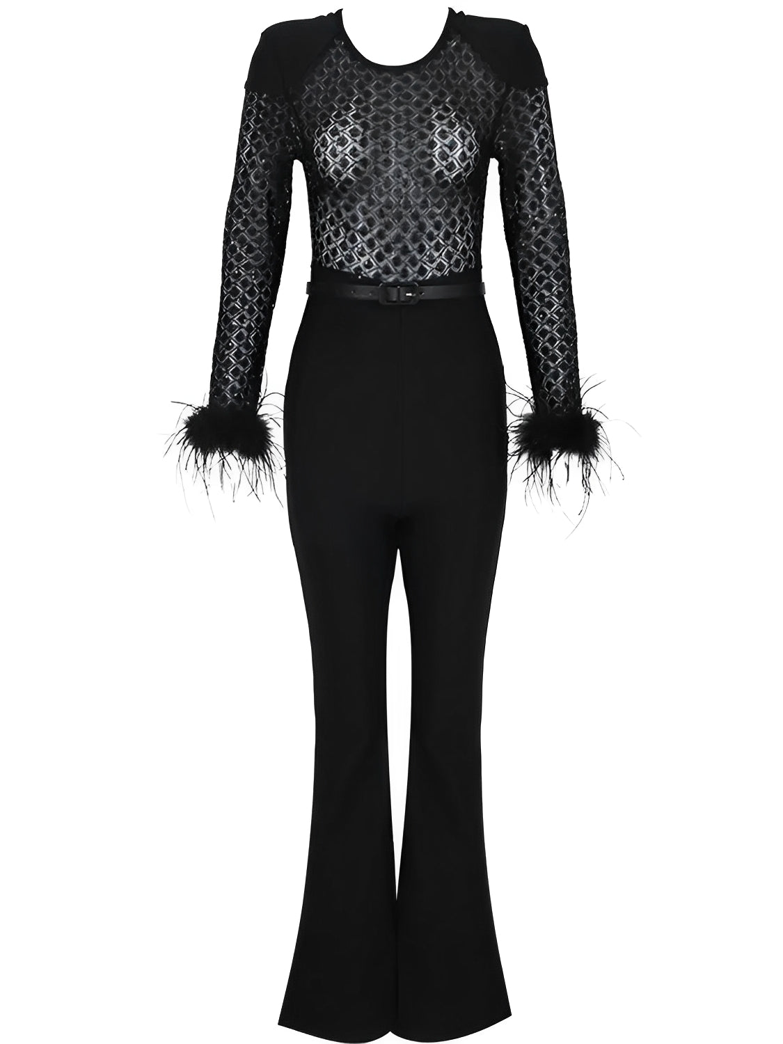 Macacão de Renda com Lantejoulas Plumas e Calça Flare de Veludo - Noir [FRETE FULL]