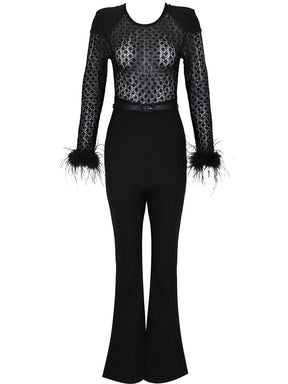 Macacão de Renda com Lantejoulas Plumas e Calça Flare de Veludo - Noir [FRETE FULL]