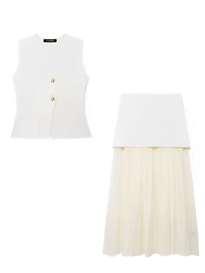 Conjunto Feminino Alfaiataria com Colete de Botões e Saia Longa em Camadas Plissada - Mirella