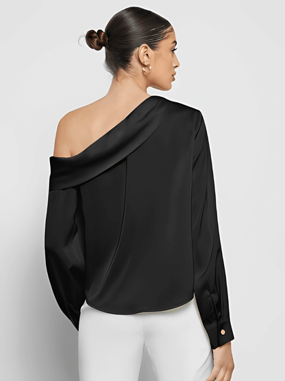 Blusa Feminina Acetinada com Decote Assimétrico e Fechamento com Botão nos Punhos – Diná