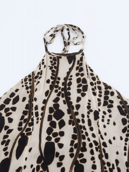 Vestido Feminino Midi em Chiffon com Estampa Animal Print Amarração no Pescoço e Costas Vazadas – Lana