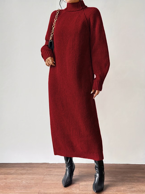 Vestido Suéter Midi em Tricô Canelado com Gola Alta e Mangas Longas -Julieta