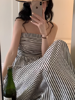 Vestido Maxi Listrado Tomara que Caia Cintura Franzida e Elástico  – Molie