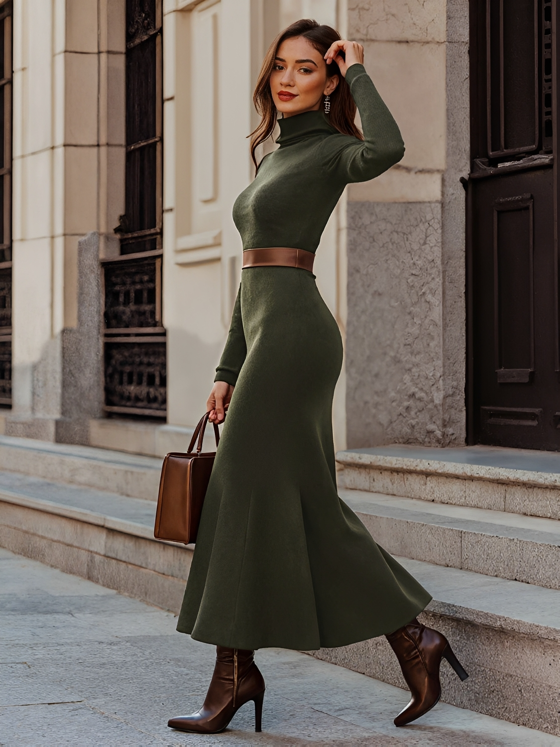 Vestido Maxi Modelagem Evasê com Gola Alta e Manga Longa – Thamara