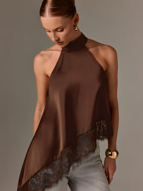 Blusa Halter Acetinada com Barra Assimétrica em Renda Delicada – Ximena