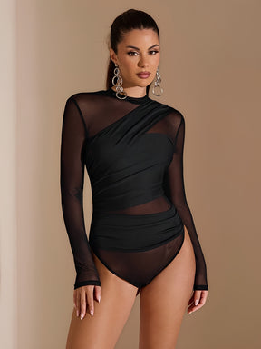 Body Bandage Assimétrico com Recortes e Manga em Tule com Transparência - Aricela