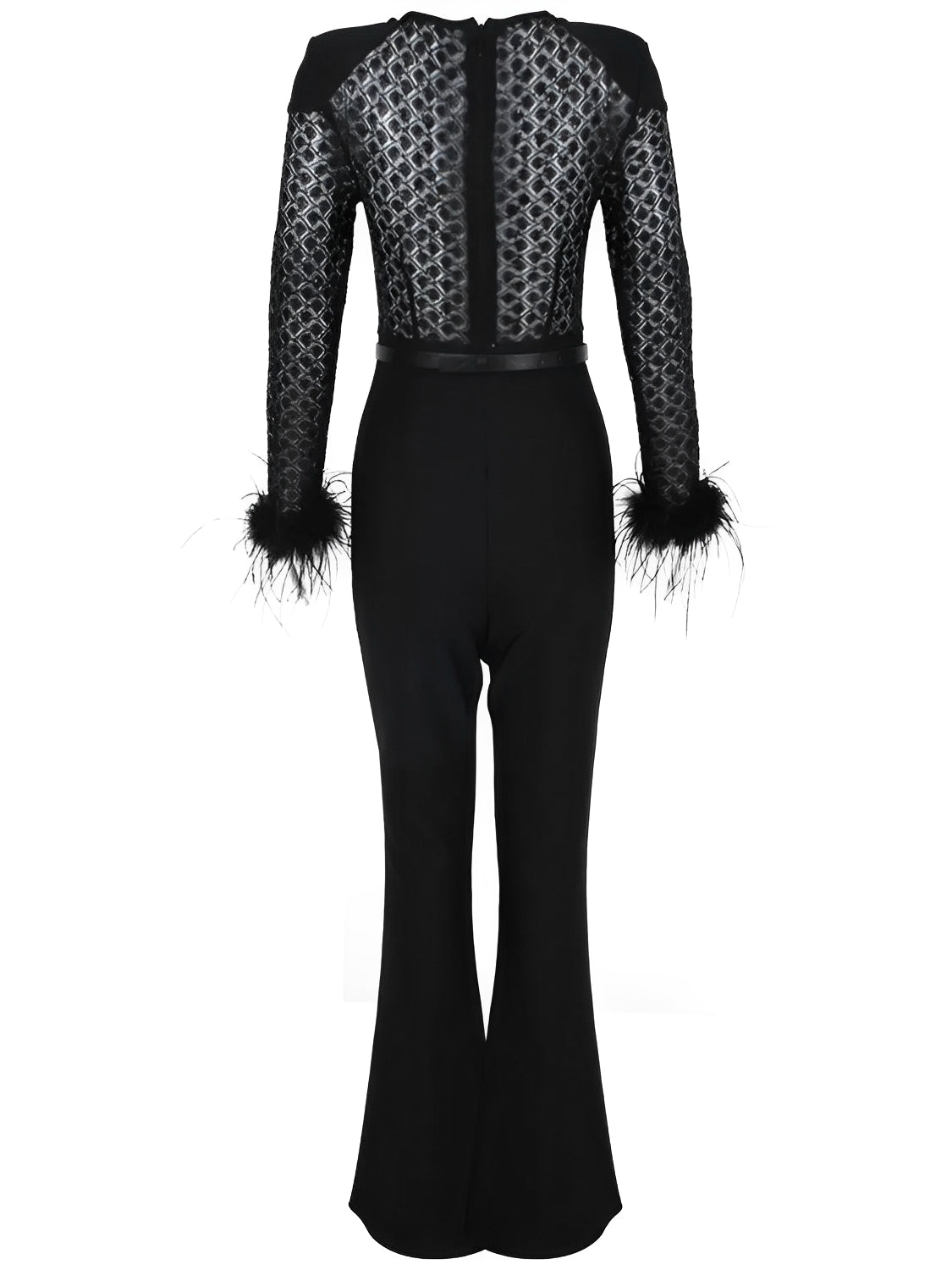 Macacão de Renda com Lantejoulas Plumas e Calça Flare de Veludo - Noir [FRETE FULL]