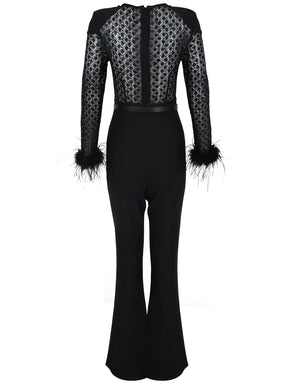 Macacão de Renda com Lantejoulas Plumas e Calça Flare de Veludo - Noir [FRETE FULL]