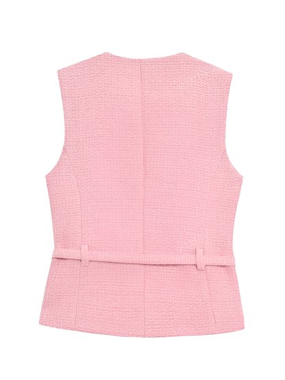 Colete Feminino Tweed Acinturado com Cinto e Bolsos Decorativo - Corine