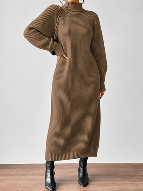 Vestido Suéter Midi em Tricô Canelado com Gola Alta e Mangas Longas -Julieta