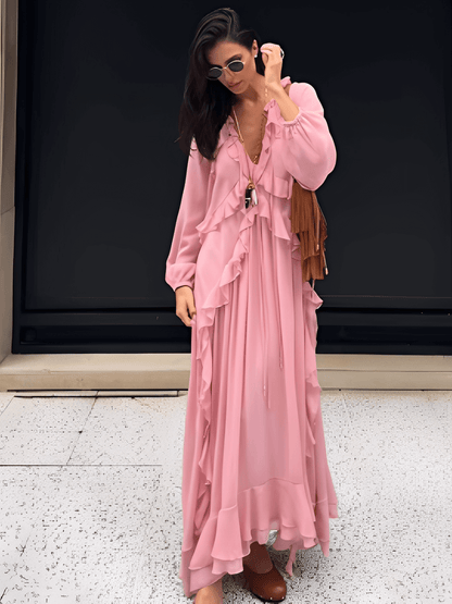 Vestido Feminino Longo em Chiffon com Babados em Camadas Decote em V e Mangas Longas – Amelie