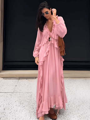 Vestido Longo em Chiffon com Babados Decote em V e Mangas Longas  – Amelie [FRETE FULL]
