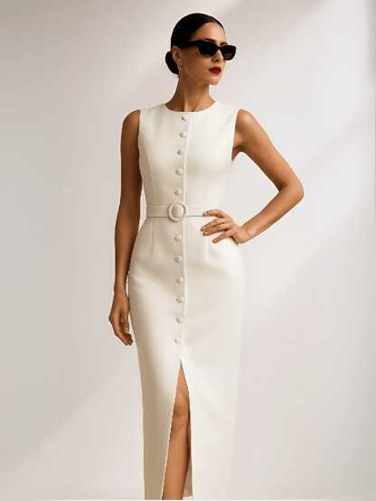 Vestido Feminino Midi Sem Mangas com Botões Forrados Cinto Decorativo e Fenda Sofisticada – Selena